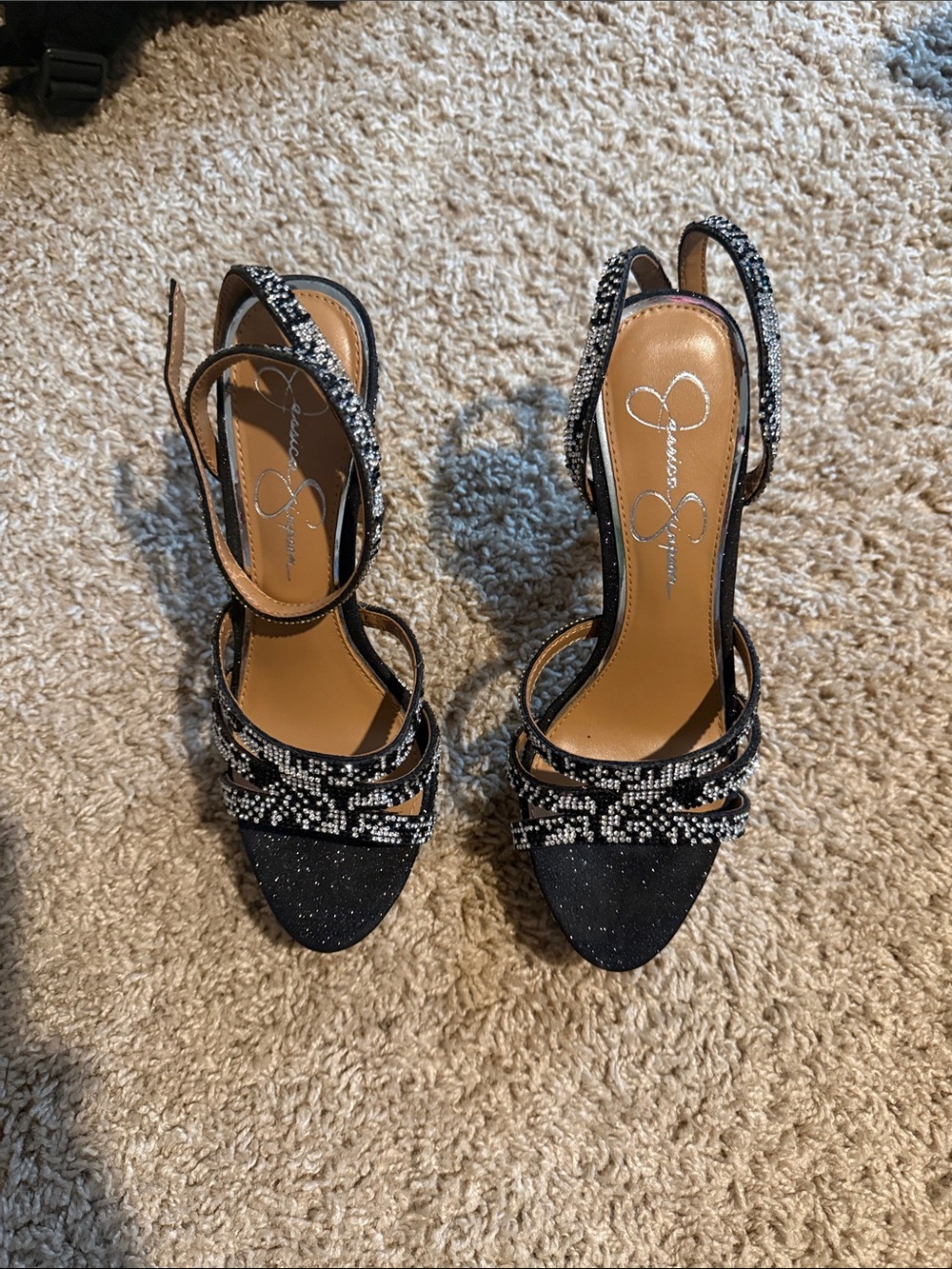 Jessica Simpson Black Crystal-Strap Open-Toe Heels
